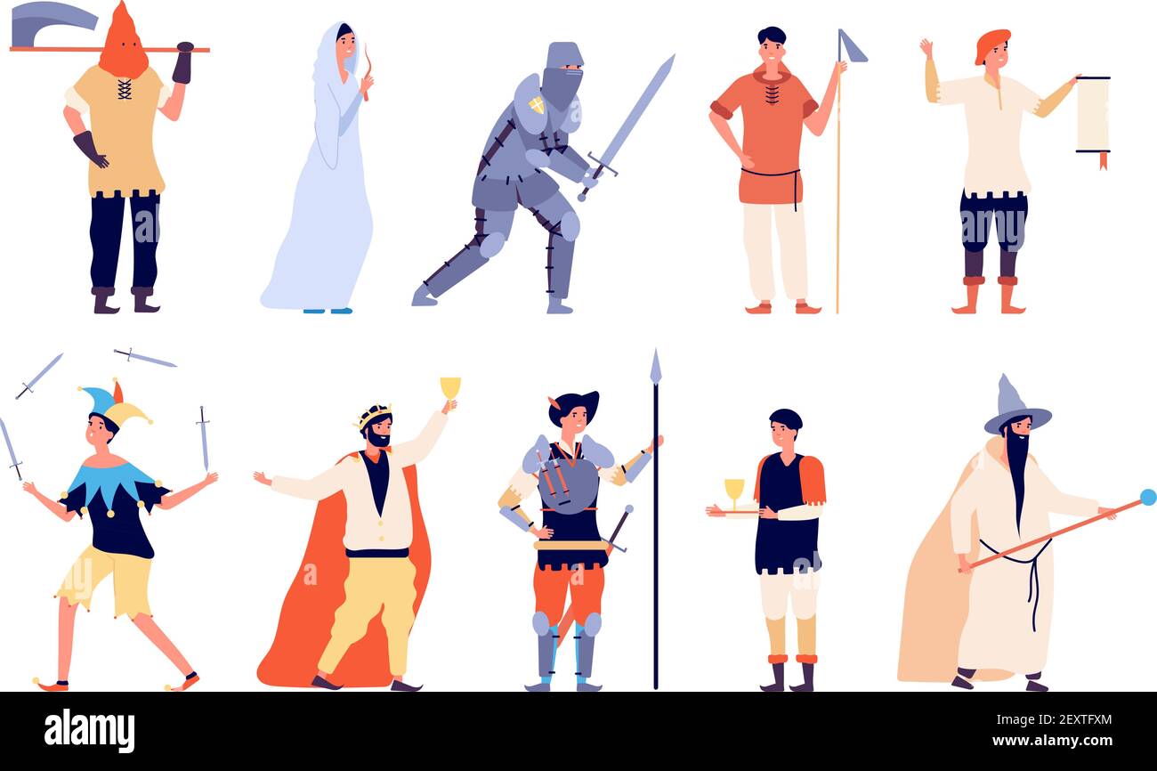 Medieval characters. Fairy and knight, peasant and executioner, wizard and king, warrior and joker fairytale cartoon vector set. Illustration of magician and viking, fairytale knight and king Stock Vector