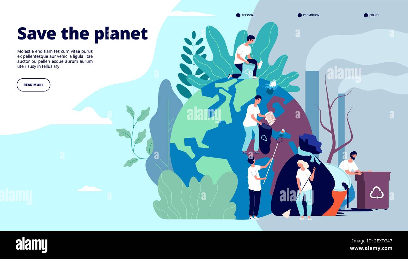 Ecology landing page. Characters cleaning trash earth surface, environmental protection recycling and ecology, website vector design. Illustration recycle environmental, planet world ecology Stock Vector