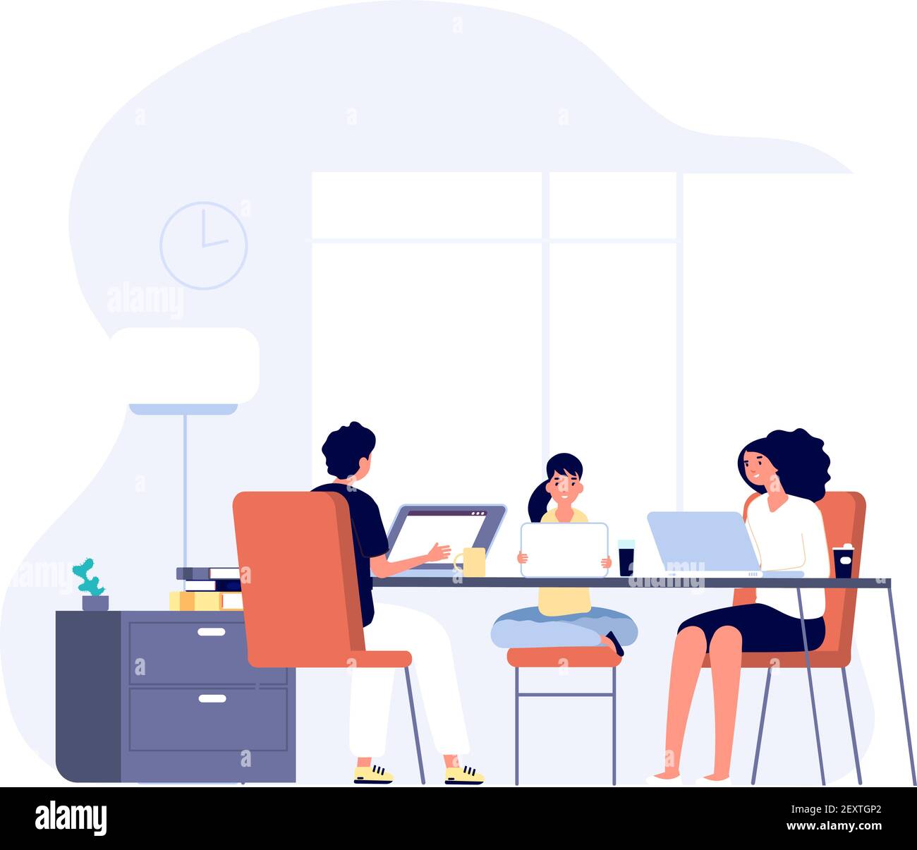 Family with gadgets. Mom, dad and kid with laptops and tablets at table together. Internet addiction, online lifestyle vector concept. Man and woman, mother and father with kid online illustration Stock Vector