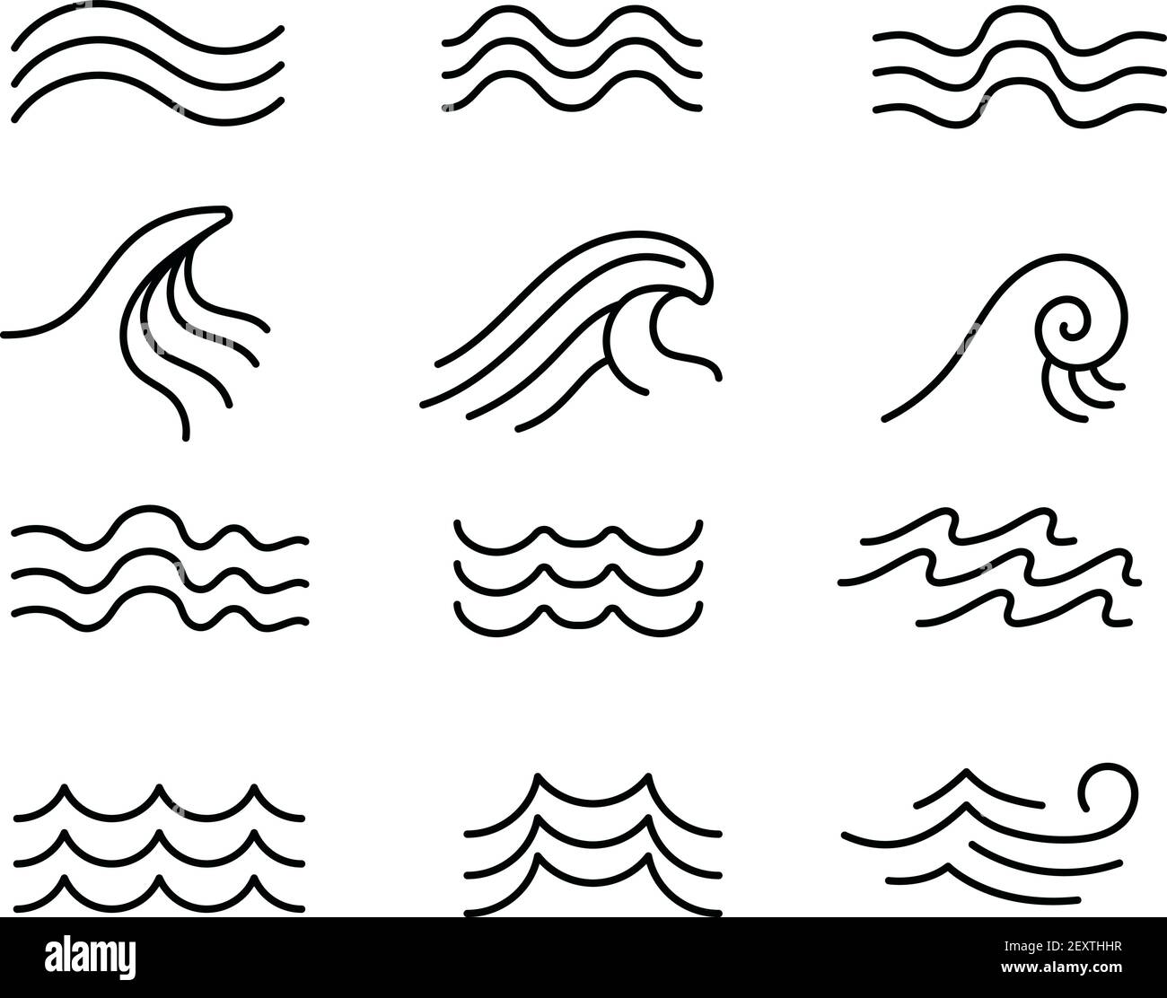 Line sea wave. Ocean water wavy elements, splashing blue storm waves isolated vector set. Sea storm water, ocean wave swirl, curve flow illustration Stock Vector