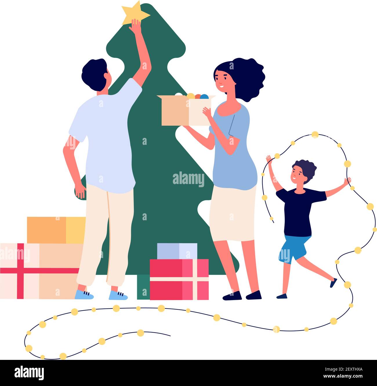 Family decorates christmas tree. Smiling mom, dad and kids celebrate christmas at home. Xmas and winter holiday vector flat concept. Decoration tree to christmas and celebration holiday illustration Stock Vector