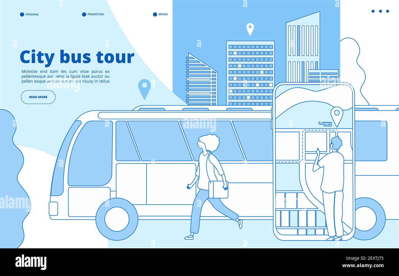 City bus tour. Urban bus excursion, tourists with cityscape and map smartphone app. Tourism and transportation vector line concept. Tour bus trip, tourism excursion illustration Stock Vector
