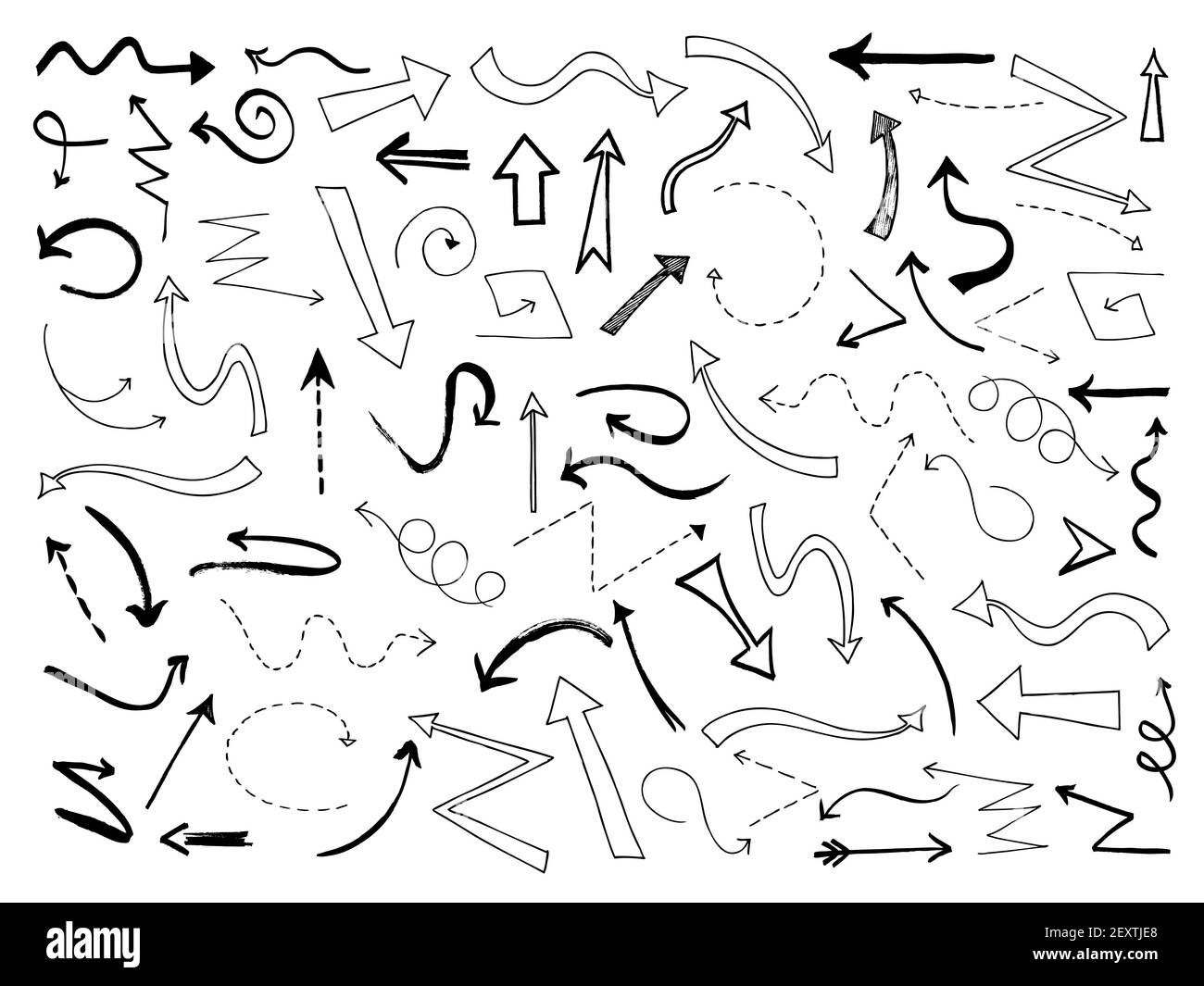 Sketch arrows. Doodle black arrow direction line symbols. Scribble way pointers vector set. Illustration arrow line direction, doodle scribble pointer Stock Vector