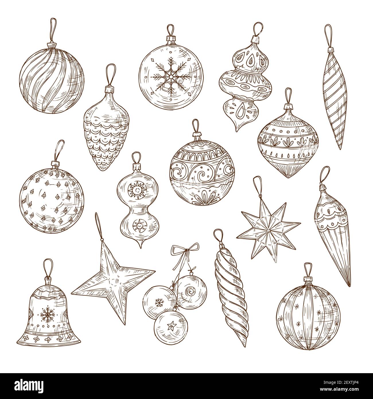 Christmas balls sketch set. Xmas tree decorations. Winter holidays and new year vector hand drawn festive collection. Illustration christmas ball xmas, gift scribble sphere Stock Vector