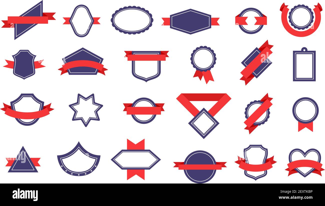 Badges with ribbons. Different shapes of award labels, winner ribbon. Quality badges, certificate seal stamp banner. Flat vector set. Illustration achievement badge and mark, certificate stamp quality Stock Vector