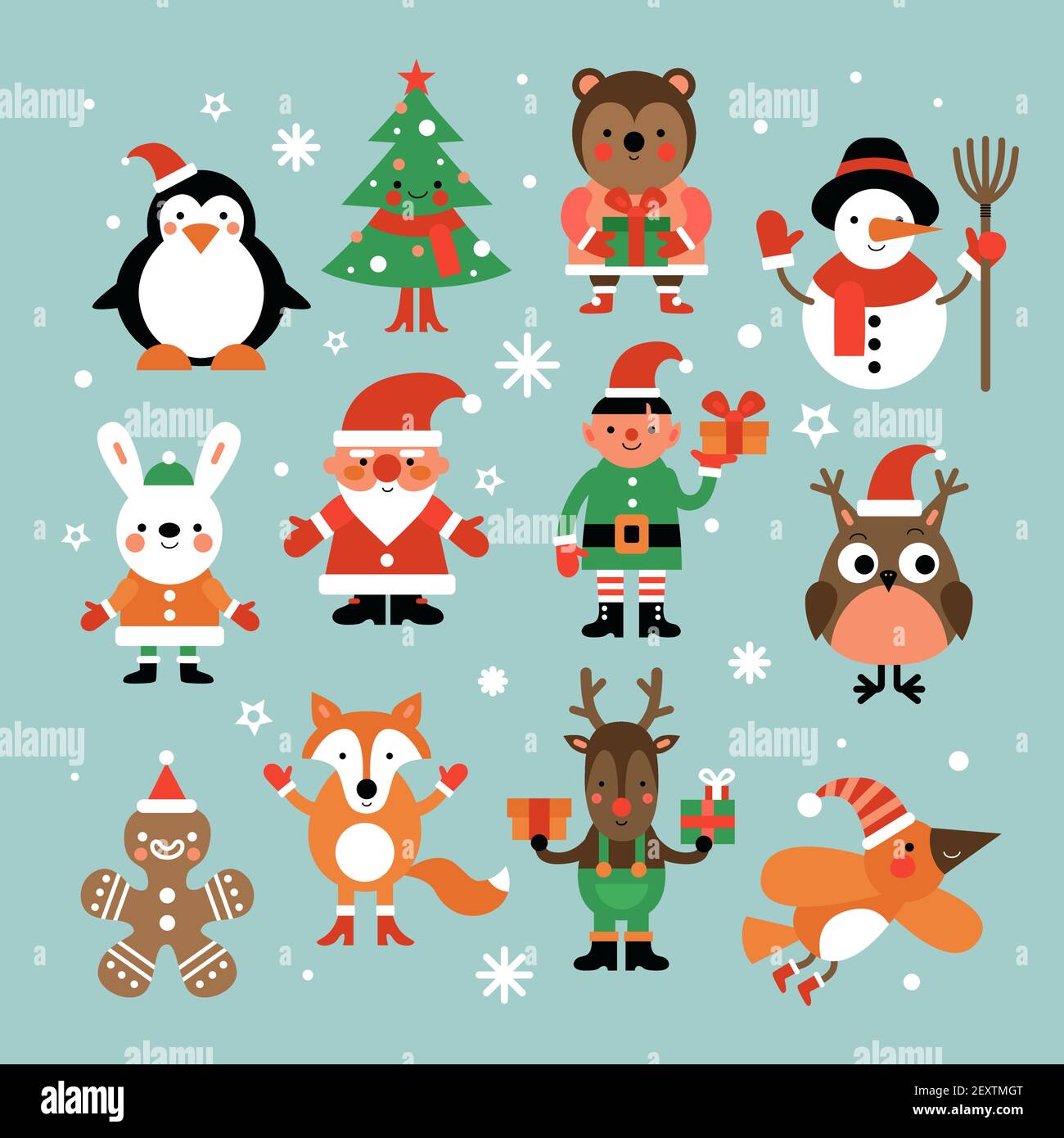 Christmas characters. Santa claus, fir-tree and penguin, snowman and elf, hare and owl, deer and gingerbread man cartoon vector set. Christmas snowman and penguin, deer elf illustration Stock Vector
