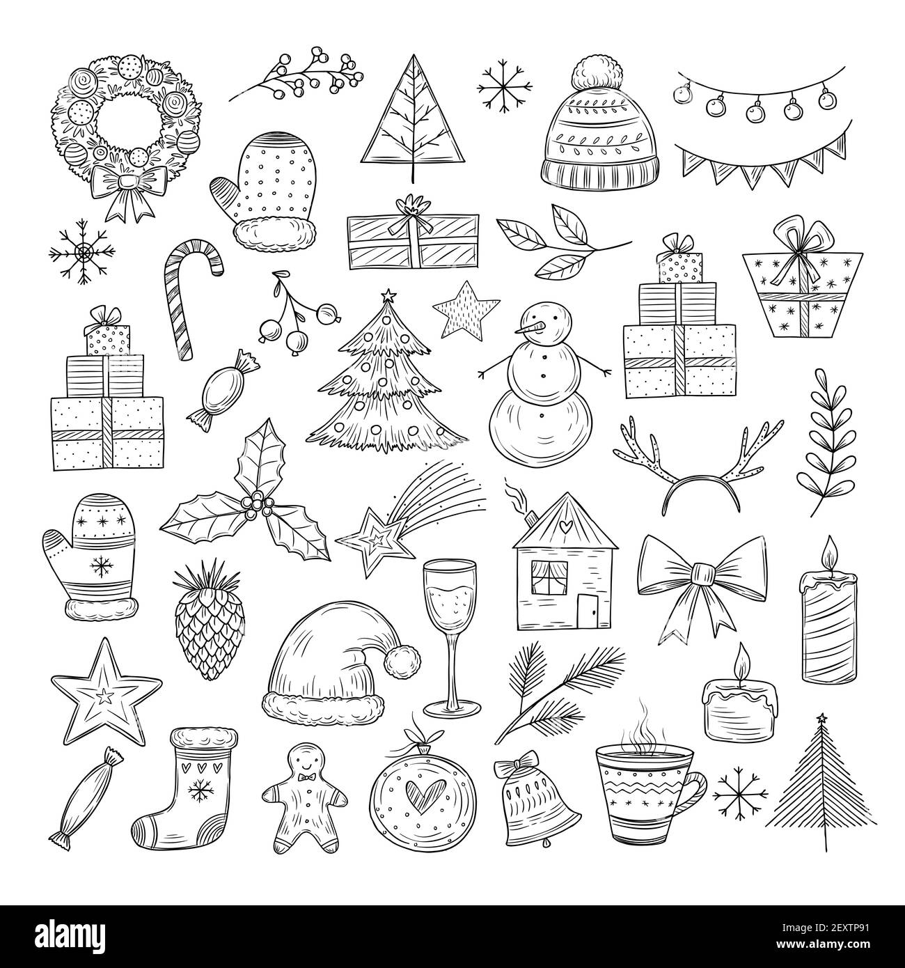 Christmas doodle set. Sketch christmas wreath, fir-tree and snowman, candles. Candies, santa hat and gift boxes vector isolated set. Illustration merry christmas doodle, holiday tree decoration Stock Vector