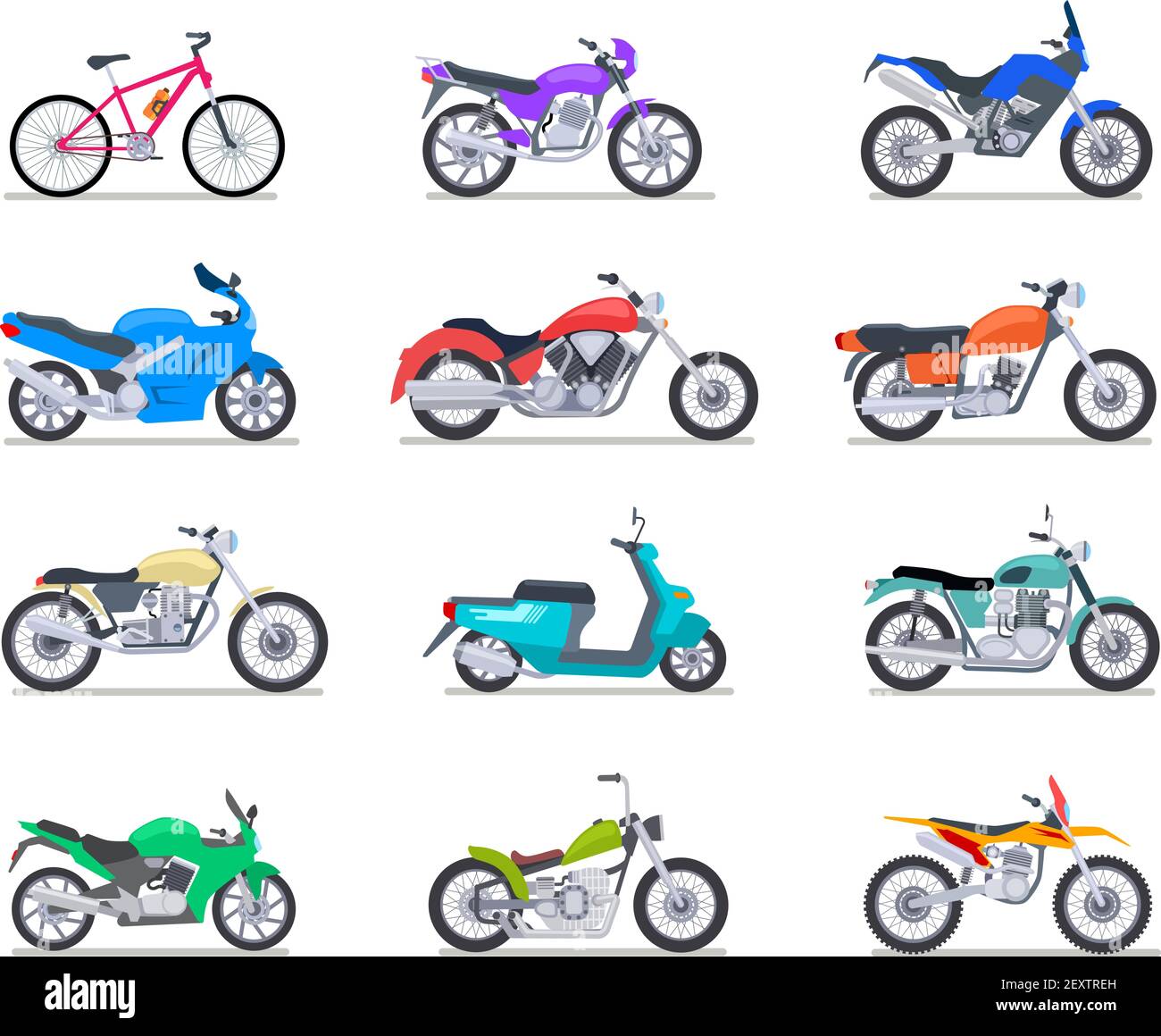 Motorbike set. Motorcycle and scooter, bike and chopper. Motocross and delivery retro and modern vehicles side view vector icons. Illustration scooter and motorcycle, chopper and sport bike Stock Vector