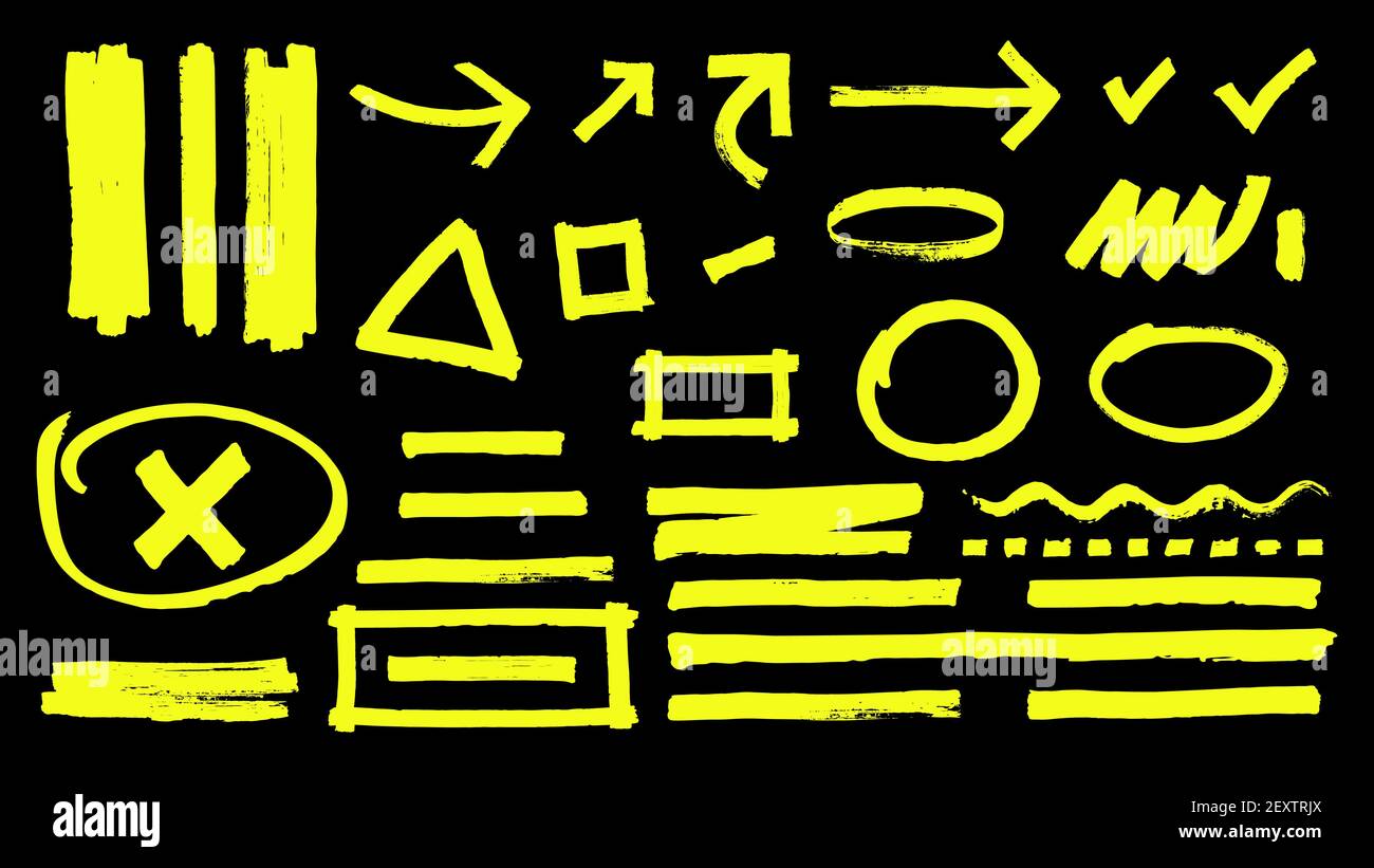 Highlighter marks. Hand drawn yellow highlight marker signs. Vector