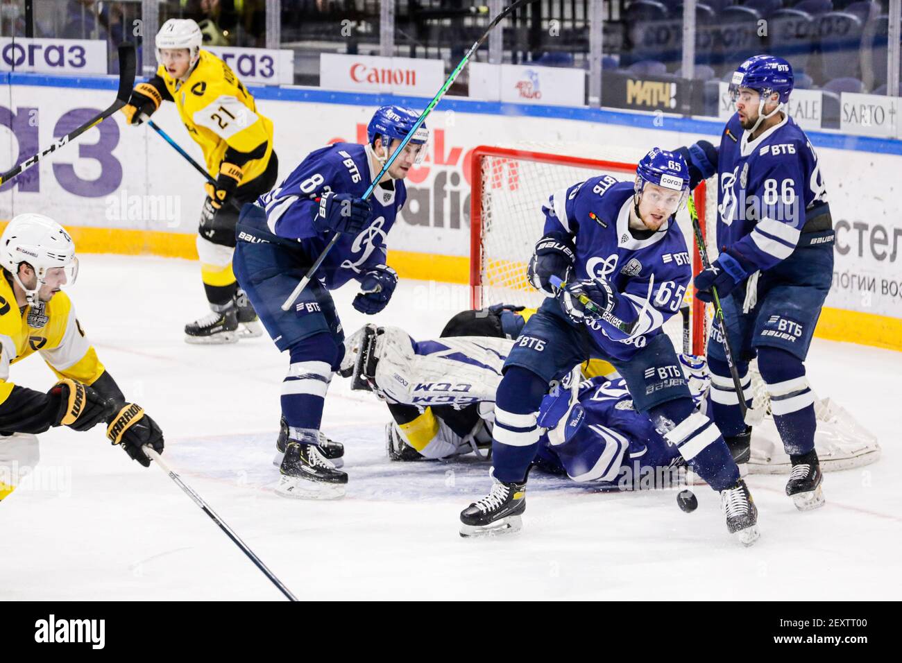 Moscow, Russia. 4th March, 2021. KHL Regular Season ice hockey match: Dynamo Moscow Vs Cherepovets Severstal  - VTB Arena. #65 Vladislav Yefremov Stock Photo