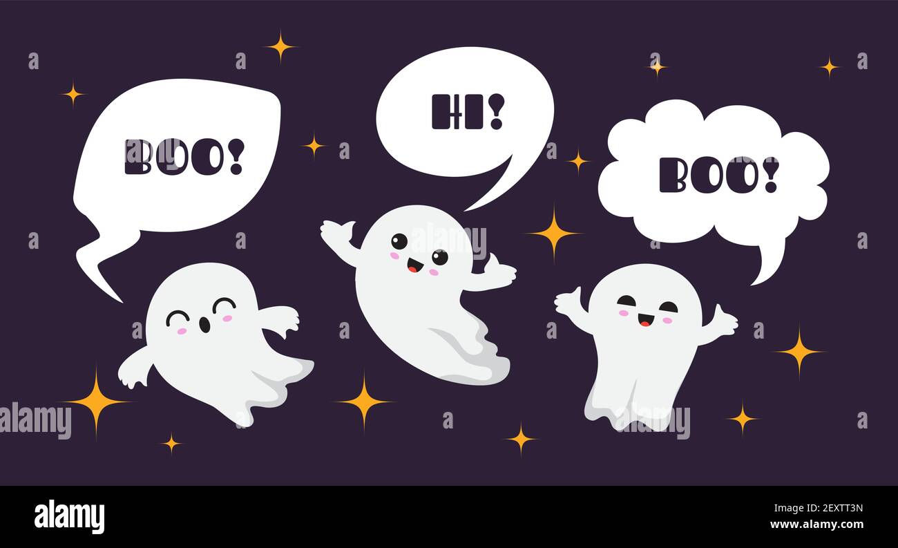 Cute happy ghosts. Flat ghost vector character. Halloween boo background. Illustration ghost halloween say hi and boo, autumn ghostly Stock Vector