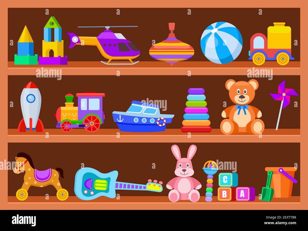 Kid toys on shelves. Children toy on wooden shop shelf in playroom. Cartoon ball and train, whirligig and guitar vintage vector set. Illustration shelf with toys for children, rattle and block Stock Vector