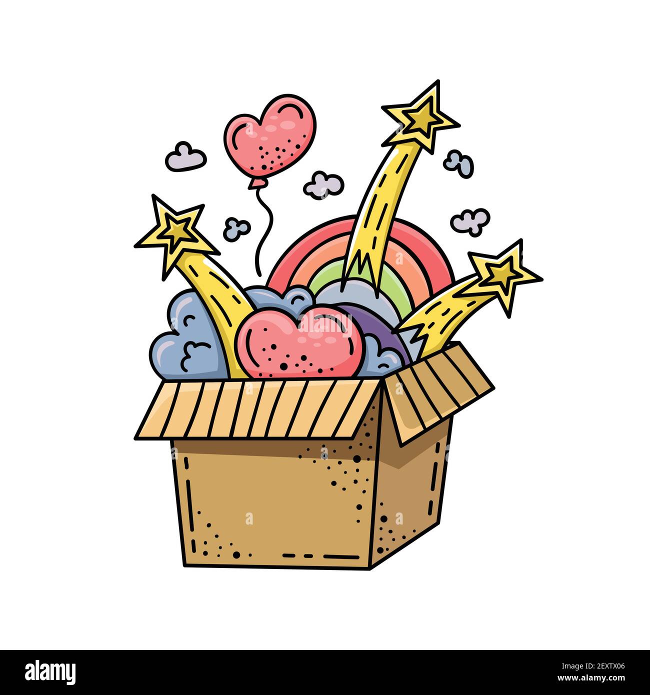 Doodle illustration of a magic box with hearts, clouds and rainbows