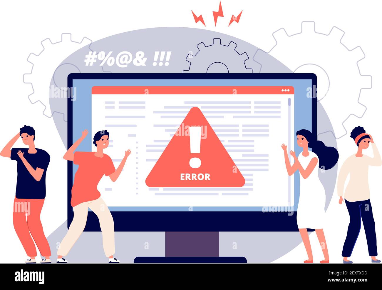 Computer error. Warnings unavailable page users, attention symbol alerts of problem, angry clients near monitor device, vector concept. Computer error, warning message, security alert illustration Stock Vector
