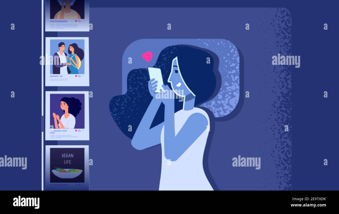 Gadget addiction problem. Flat girl in bed with smartphone. Woman looking social media photos