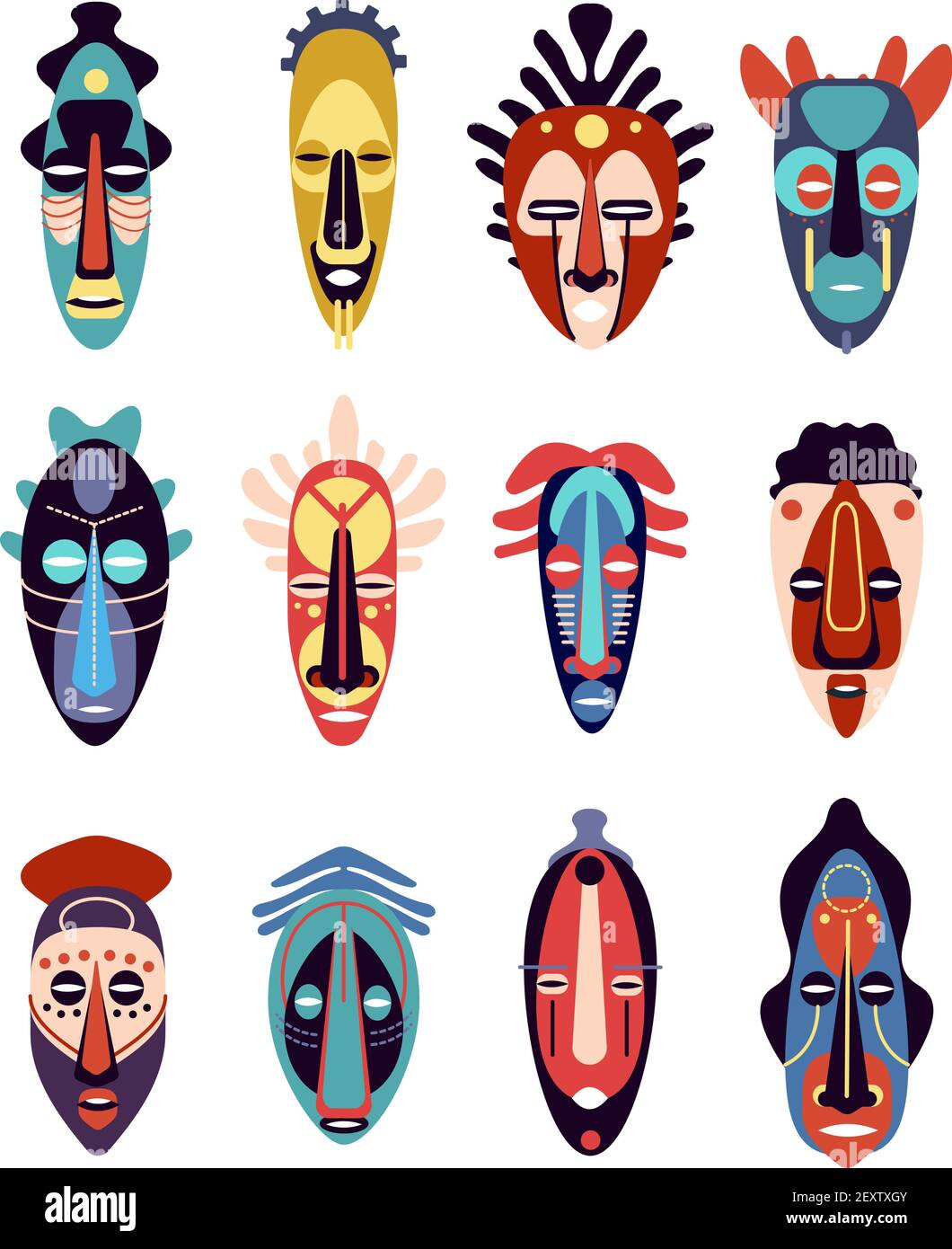 African mask. Colorful ethnic tribal ritual masks of different shapes, ceremonial hawaiian, aztec tiki totem indigenous flat vector set. Illustration ethnic and african mask tribal face Stock Vector