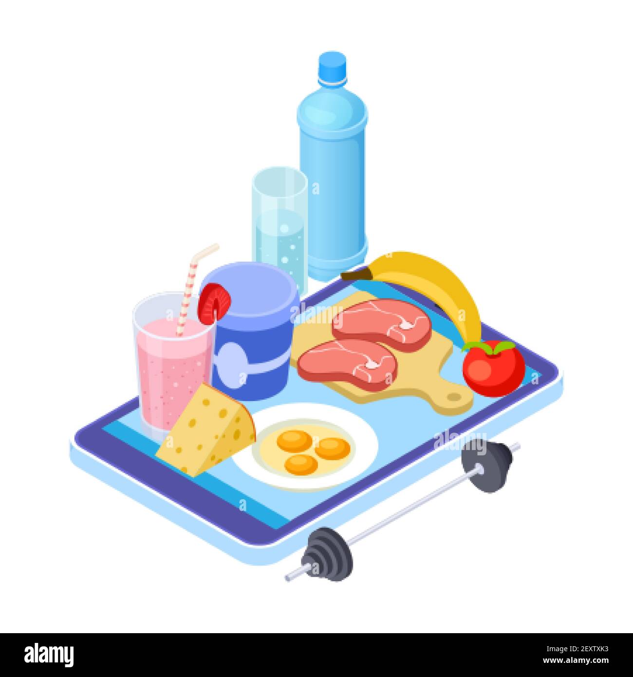 Healthy diet app. Isometric mobile diet consultant. Fruits, meat, water