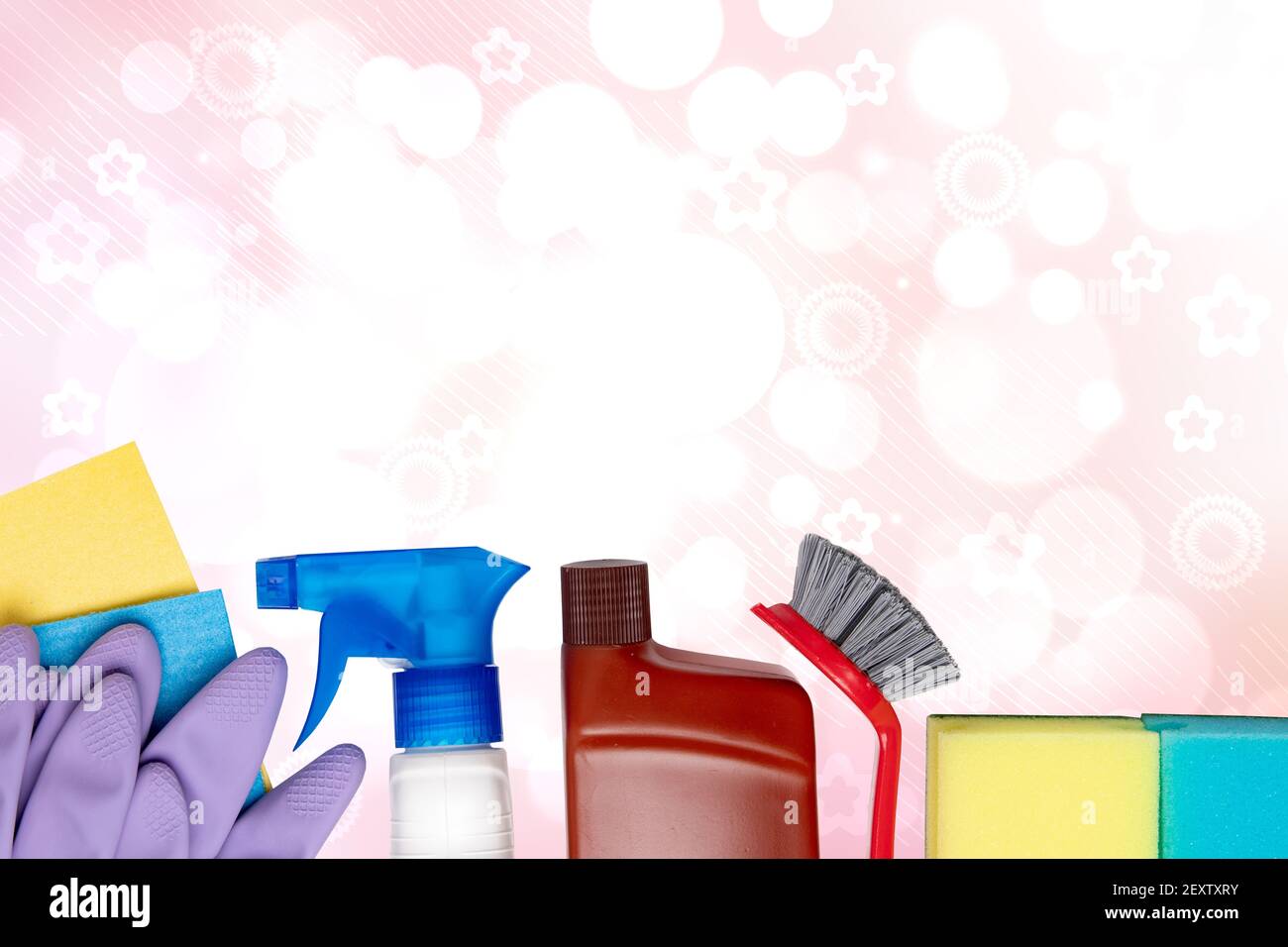 Spring cleaning background. Close-up of house cleaning products and