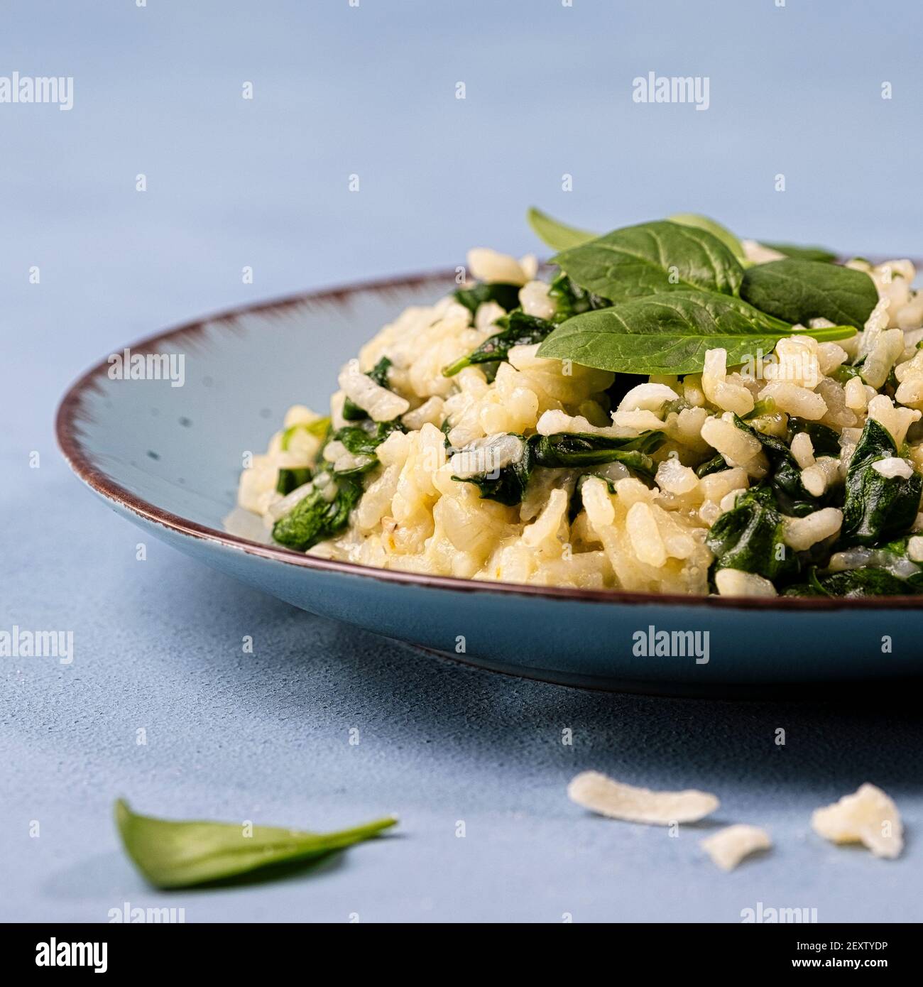 Risotto with young spinach leaves arranged on a petrol colored plate with napkin, decorated with fresh spinach leaves Stock Photo