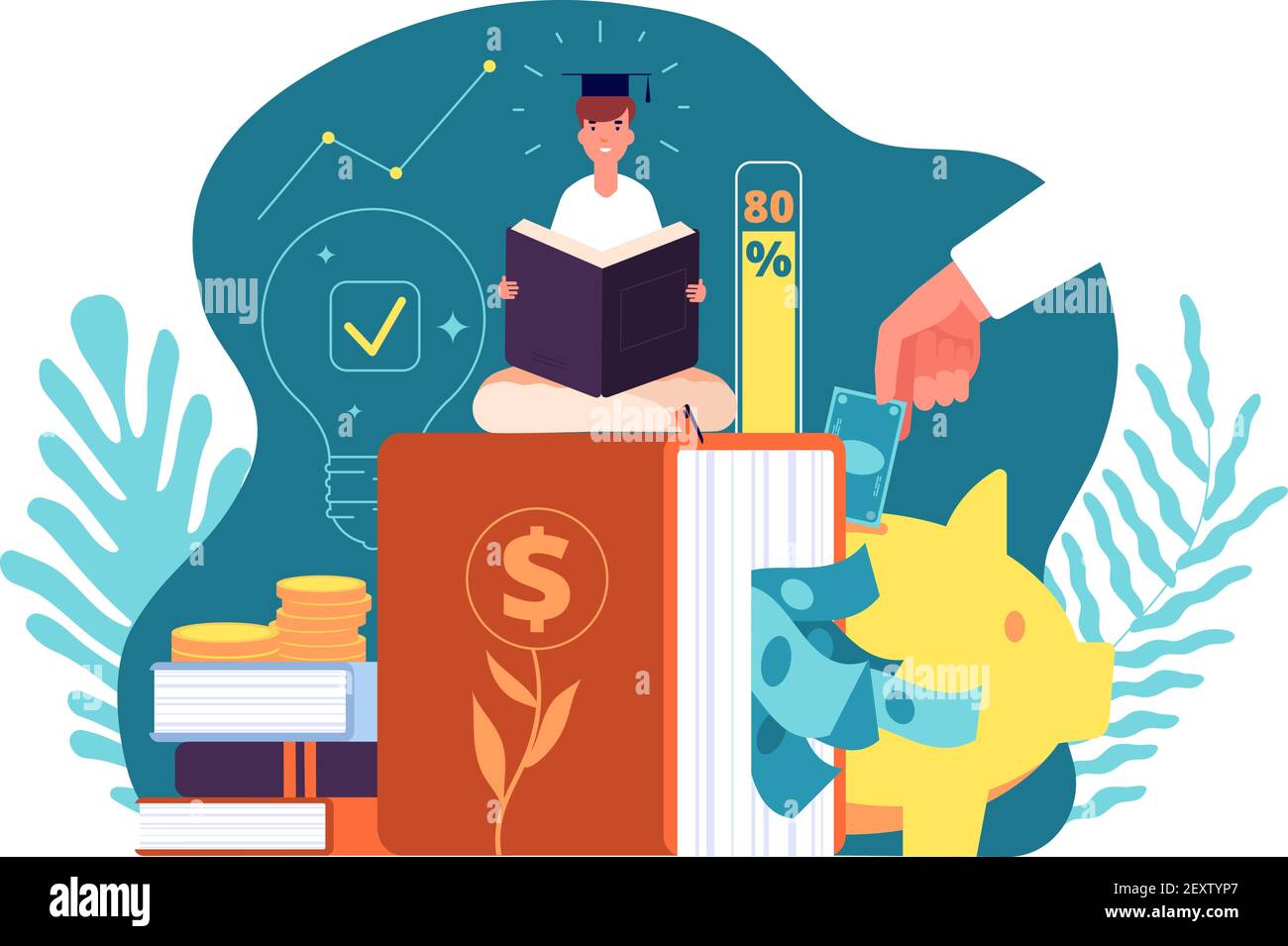 Investments in knowledge. Invest in education e-learning, student loans. Financing of creative projects, web page presentation, vector concept. Illustration education school investment Stock Vector