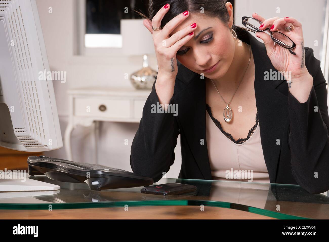 Business Woman Office Manager Rubs Head Depression Sadness Stock Photo
