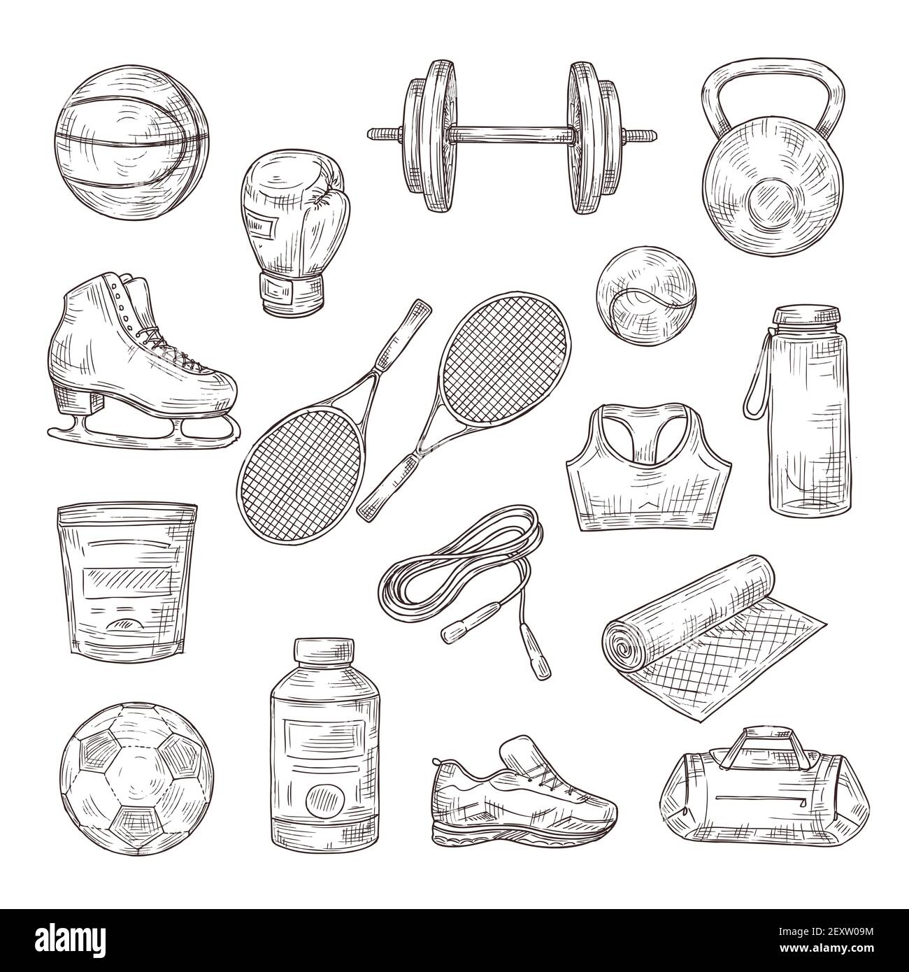 Sketch sports equipment. Ball, dumbbell and tennis rackets, boxing glove and jump rope, sports nutrition. Doodle fitness vector set. Illustration football and tennis, equipment sketch for sport Stock Vector