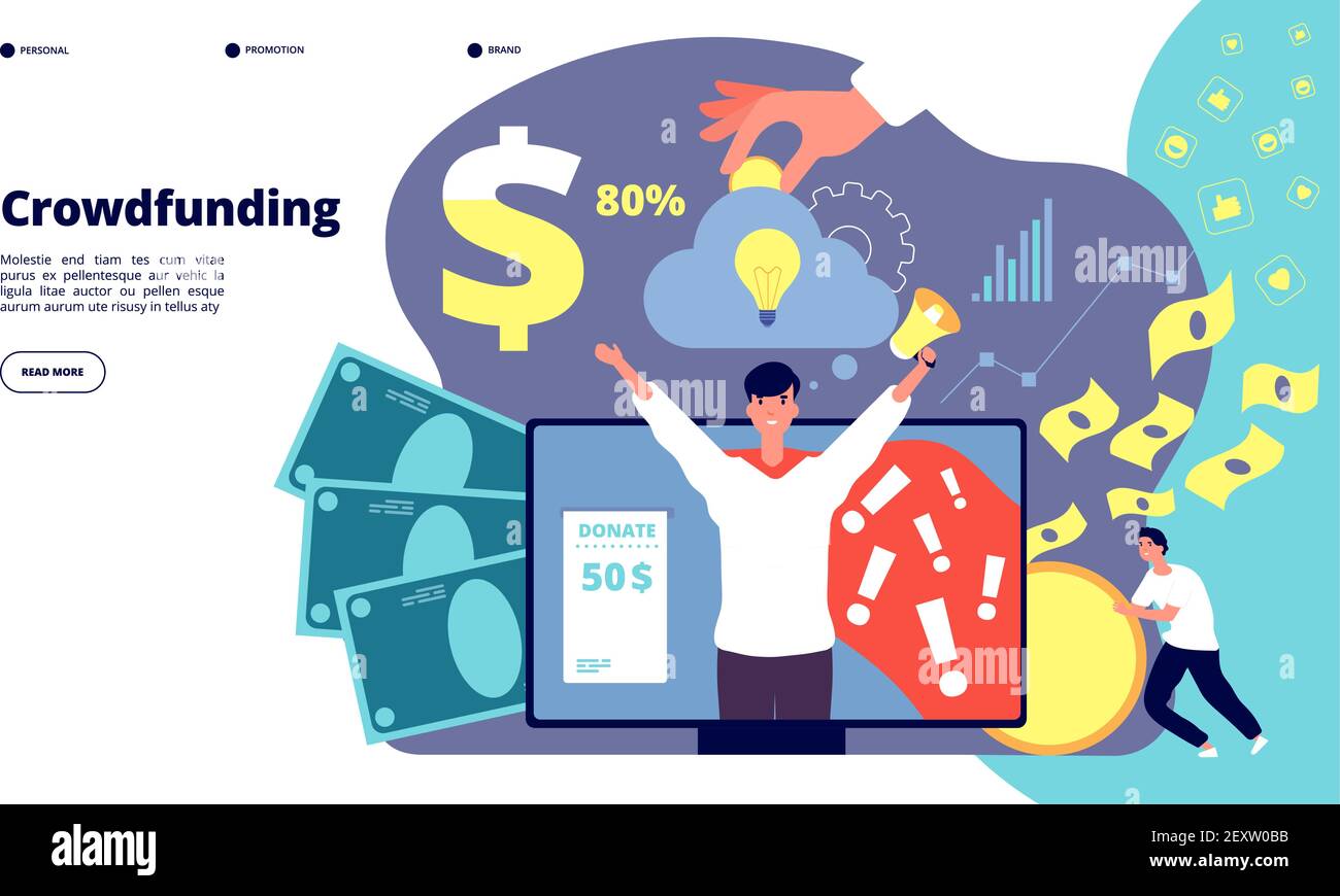Crowdfunding. Startup financial investment internet service. Development, cash income management strategy, partnership vector landing page. Illustration investment crowdfunding, money finance invest Stock Vector