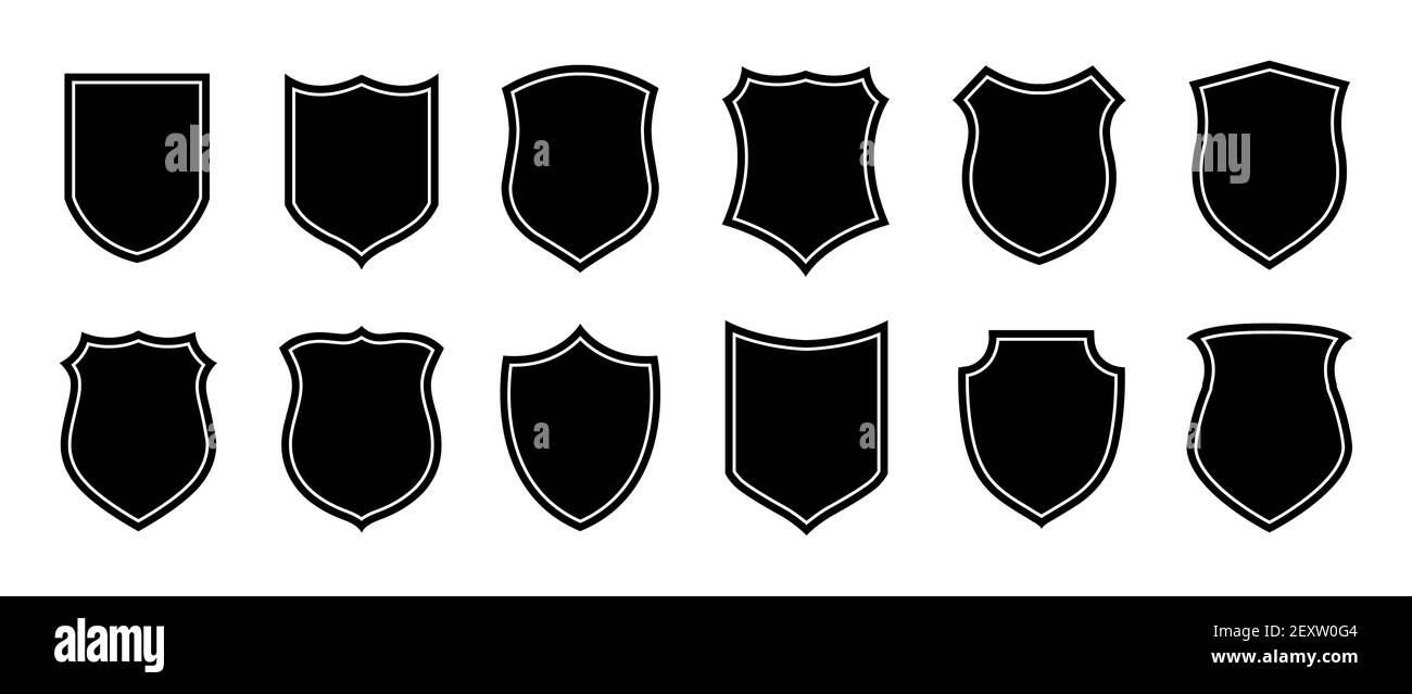 Police badge shape. Vector military shield silhouettes. Security, football patches isolated on white background. Illustration shield shape protection, black security and football badge Stock Vector