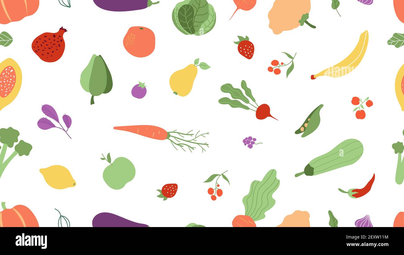 Fresh food seamless pattern. Vegetables, fruits texture. Farm agricultural products vector background. Fruit and vegetable pattern, agriculture organic illustration Stock Vector