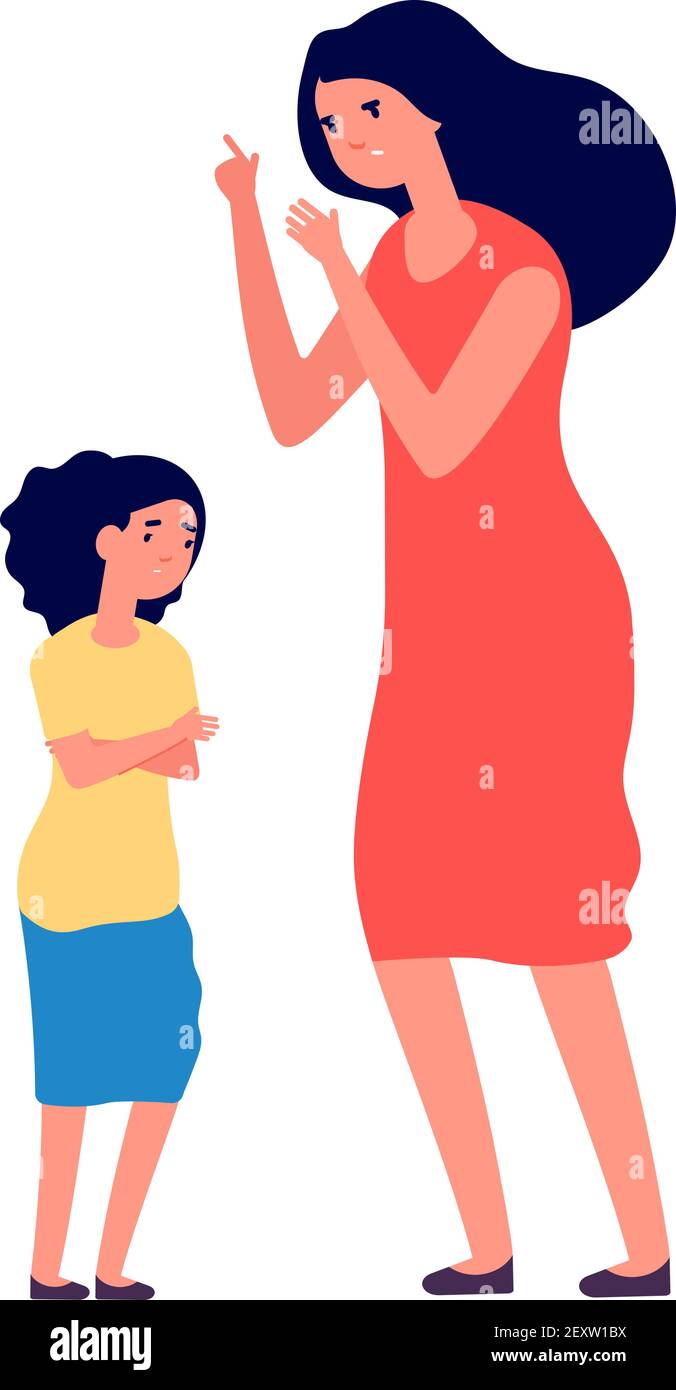 Child abuse. Parent abusing kid, mother shouts to unhappy daughter. Woman scolds sad girl, family problems. Vector conflict illustration. Kid abuse, child sad, parent angry to girl Stock Vector