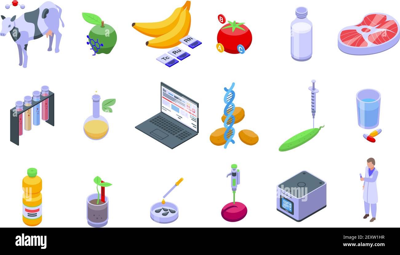 Gmo food icons set. Isometric set of gmo food vector icons for web ...