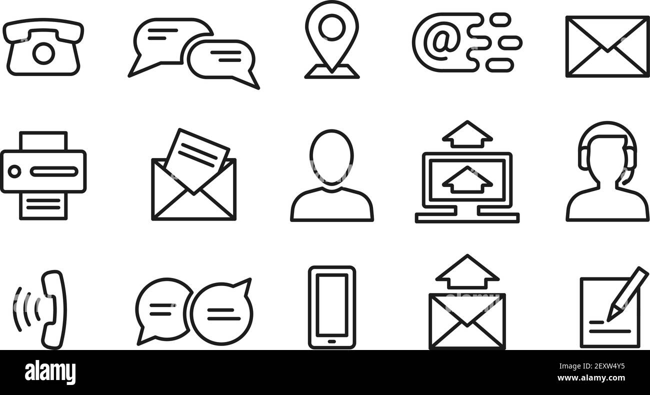 Contact line icons. Minimal business, internet and location outline symbols. Website or chat mobile interface information vector elements. Contact social information, user outline icon illustration Stock Vector