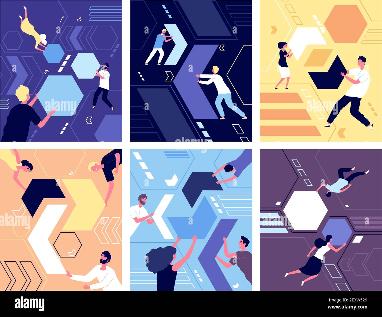 Collecting geometric shapes. People shaping puzzles. Success partnership, abstract working characters and leadership. Team vector concept. Collect abstract puzzle form, businessman work illustration Stock Vector