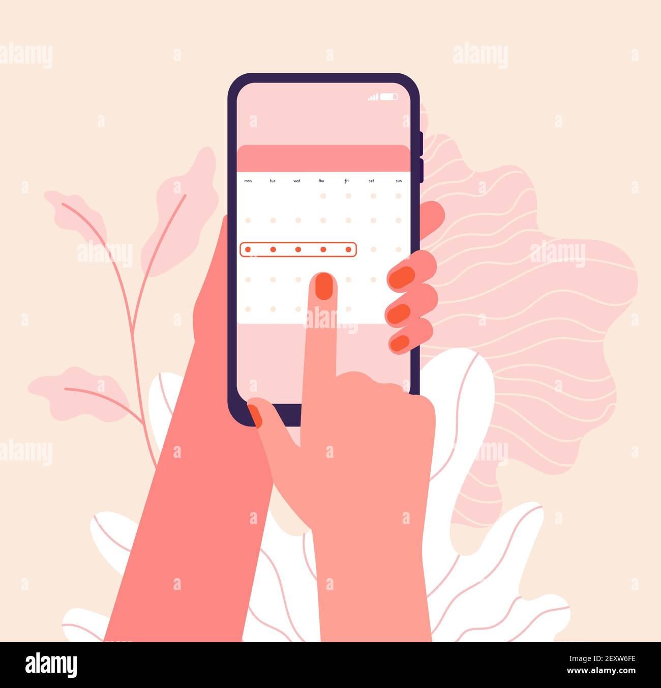 Menstruation cycle. Hands hold woman periods calendar. Menstrual phone