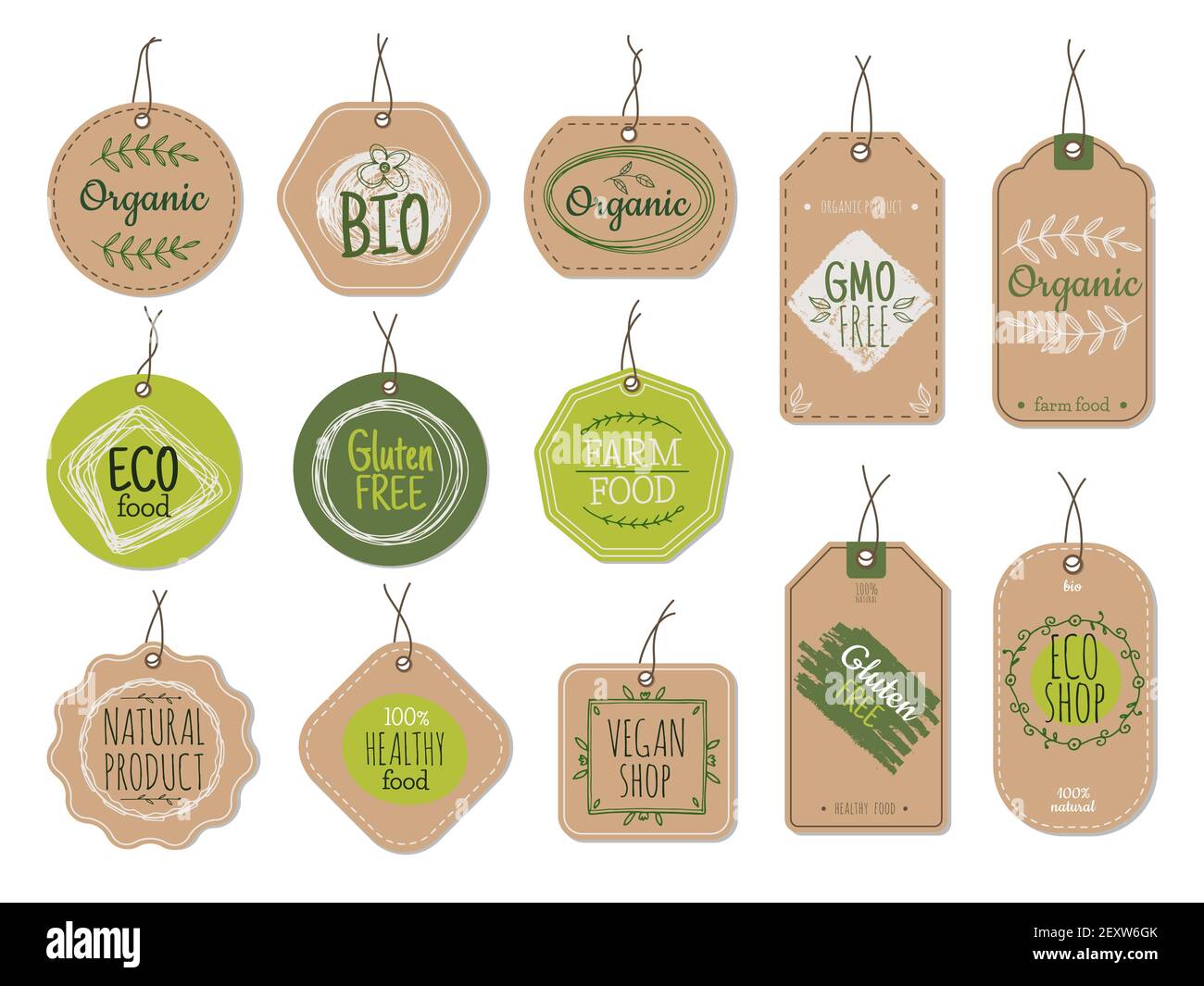 Organic cardboard labels. Eco paper badges, green farm nature product price shop tags with ecologic emblems. Vintage bio vector set. Illustration eco natural vegan cardboard, label market for product Stock Vector