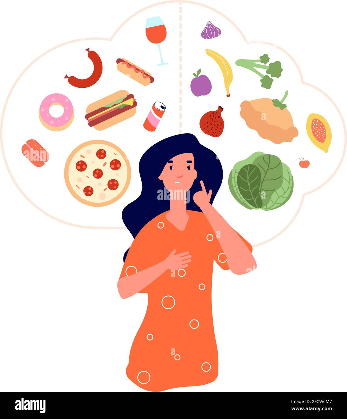 Healthy unhealthy food. Junk vs good foods diet balance. Woman choose between fresh meals and fast food. Lose weight obese vector concept. Woman choice unhealthy nutrition or healthy diet illustration Stock Vector
