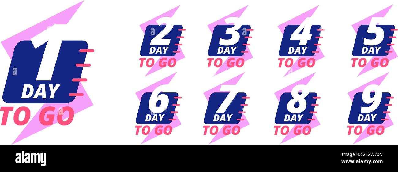 Days to go badges. Countdown sale labels with day left numbers. Product promotion, big deal offer vector stickers set. Number countdown day, left time to go illustration Stock Vector