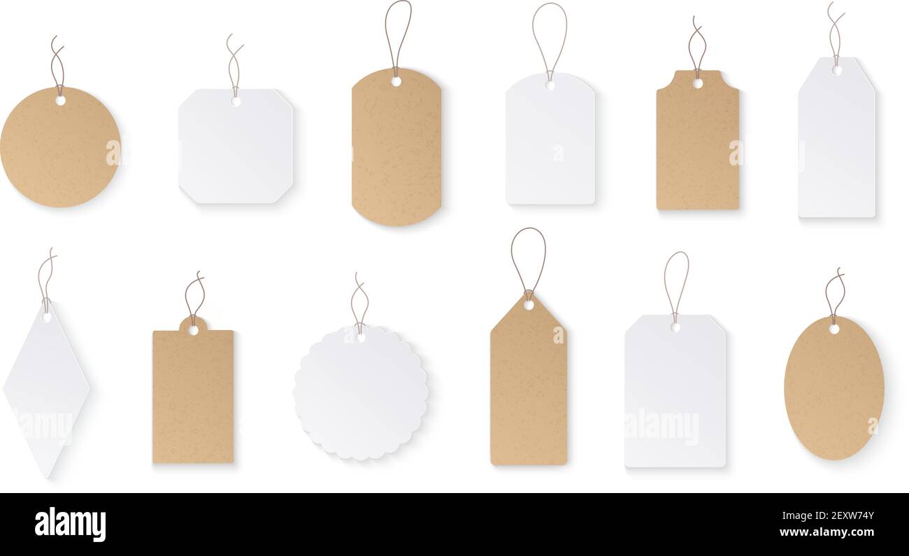Set Of Blank White Tags With Rope White Shopping Labels And Price