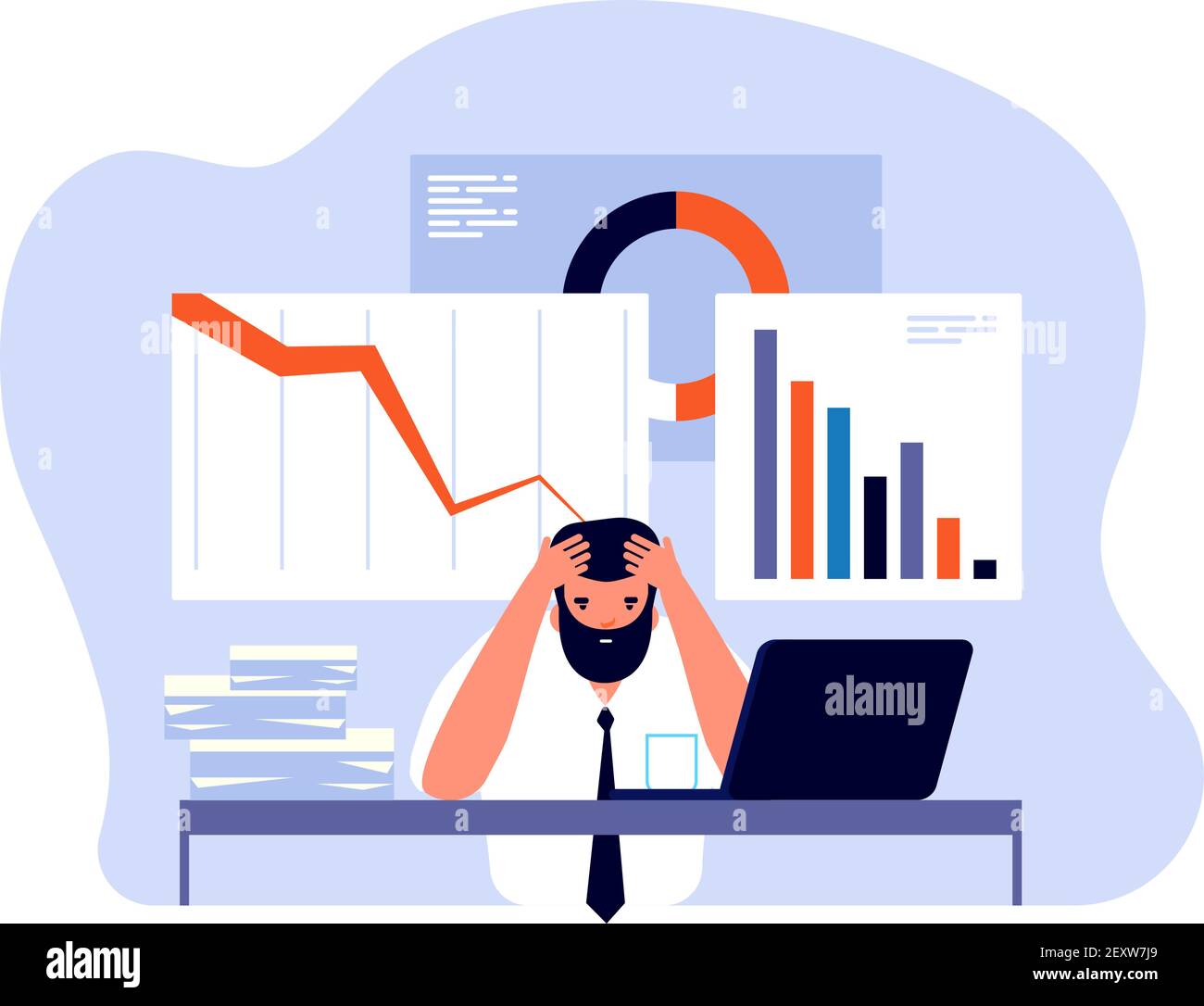 Financial crisis concept. Businessman in panic with falling trading charts. Failure and bankruptcy, economic risk vector background. Businessman crisis market, business chart and graph illustration Stock Vector