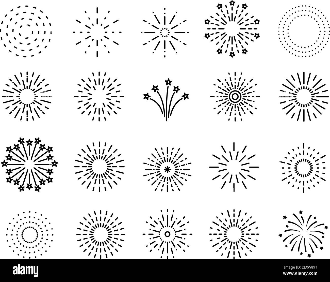 Flat fireworks. Festive sparkles, carnival salutes. Christmas, 4th july and winter holidays outline firework explosion vector. Christmas carnival sparkle salute, 4th jule sketch linear illustration Stock Vector