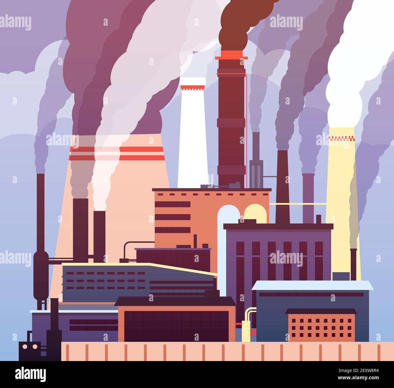 Industrial pollution. Polluted environment, industrial toxic smog, factory smoking pipes air pollution. Ecology damage vector concept. Illustration smog pollution and toxic smoke Stock Vector