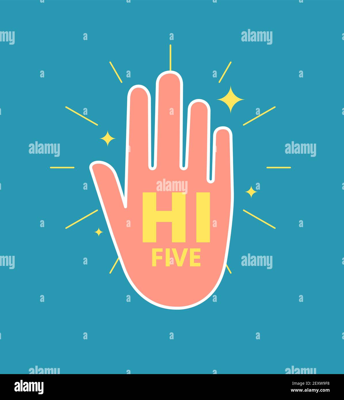 High five hand. Young man gesture hands, informal greeting. Friendship or great work team, professional success or peace vector sticker. Illustration gesture man, human hand hello Stock Vector