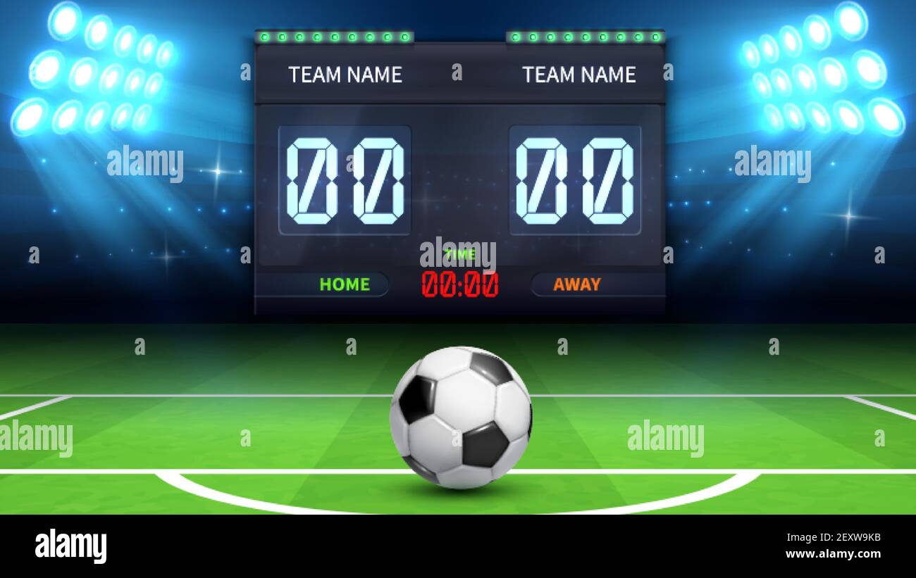 Football stadium background. Realistic soccer ball in green field. Stadium  electronic sport scoreboard soccer time and football match result display vector  illustration. Stadium soccer, match football Stock Vector Image & Art -