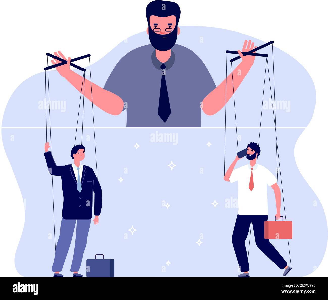 Master of puppets. Political controlling, business boss and workers. Team control and marionettes. Vector puppeteer leads people concept. Illustration control puppet and master manipulation Stock Vector