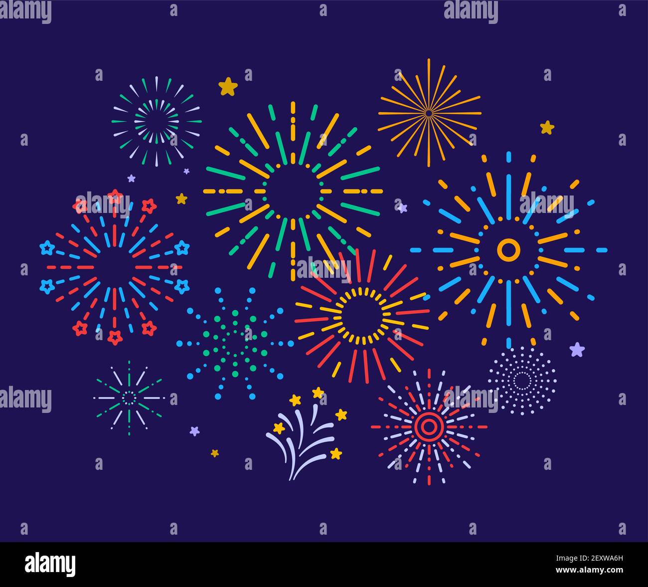 Colorful fireworks. Festive christmas pyrotechnics firecrackers. Xmas winter party festival salutes vector background. Illustration colorful firecracker to christmas carnival, sparkle festival Stock Vector