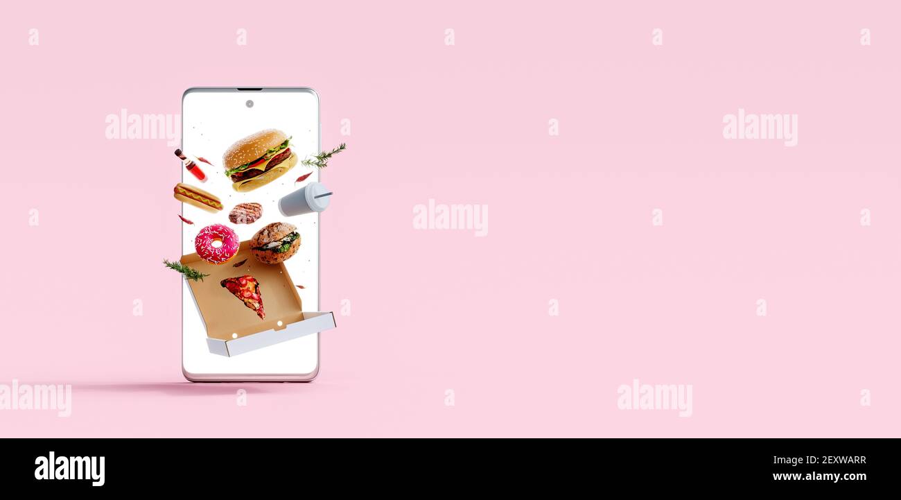Fast food flying through the smartphone screen. Ordering online concept on pink background 3D Rendering, 3D Illustration Stock Photo