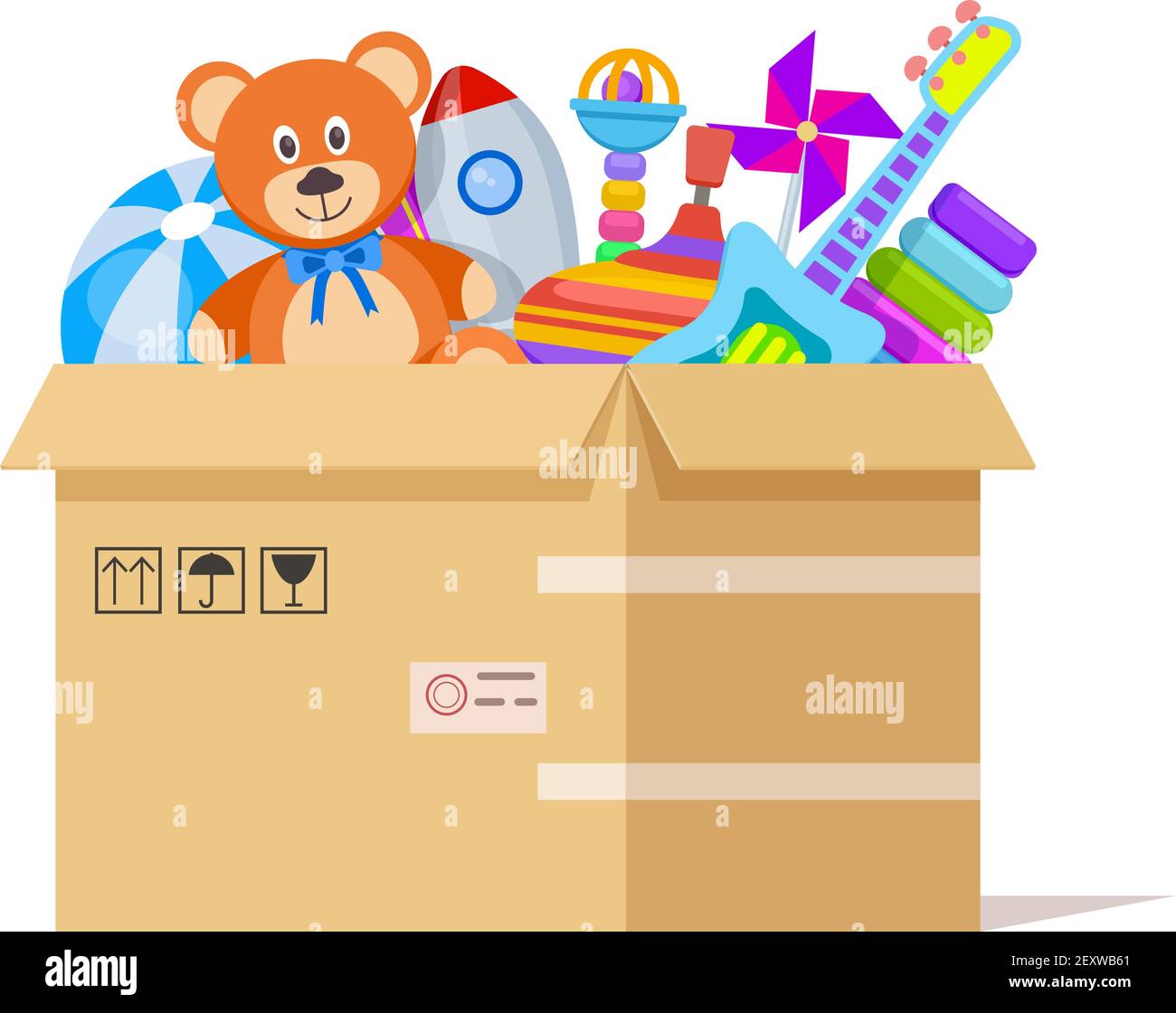 Toy box. Donate toys, charity kids support. Volunteer donations for