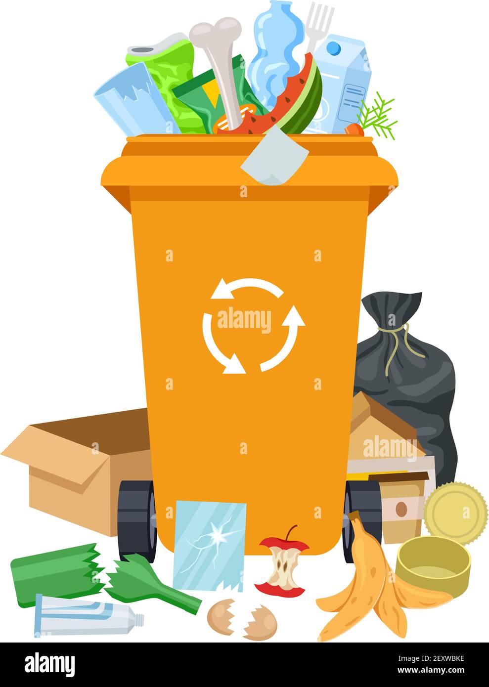 Garbage waste. Overflowing trash can, dirty rubbish bin. Recyclable mixed junk container. Different litter and dustbin vector illustration. Waste and garbage, trash container, overflowing rubbish bin Stock Vector