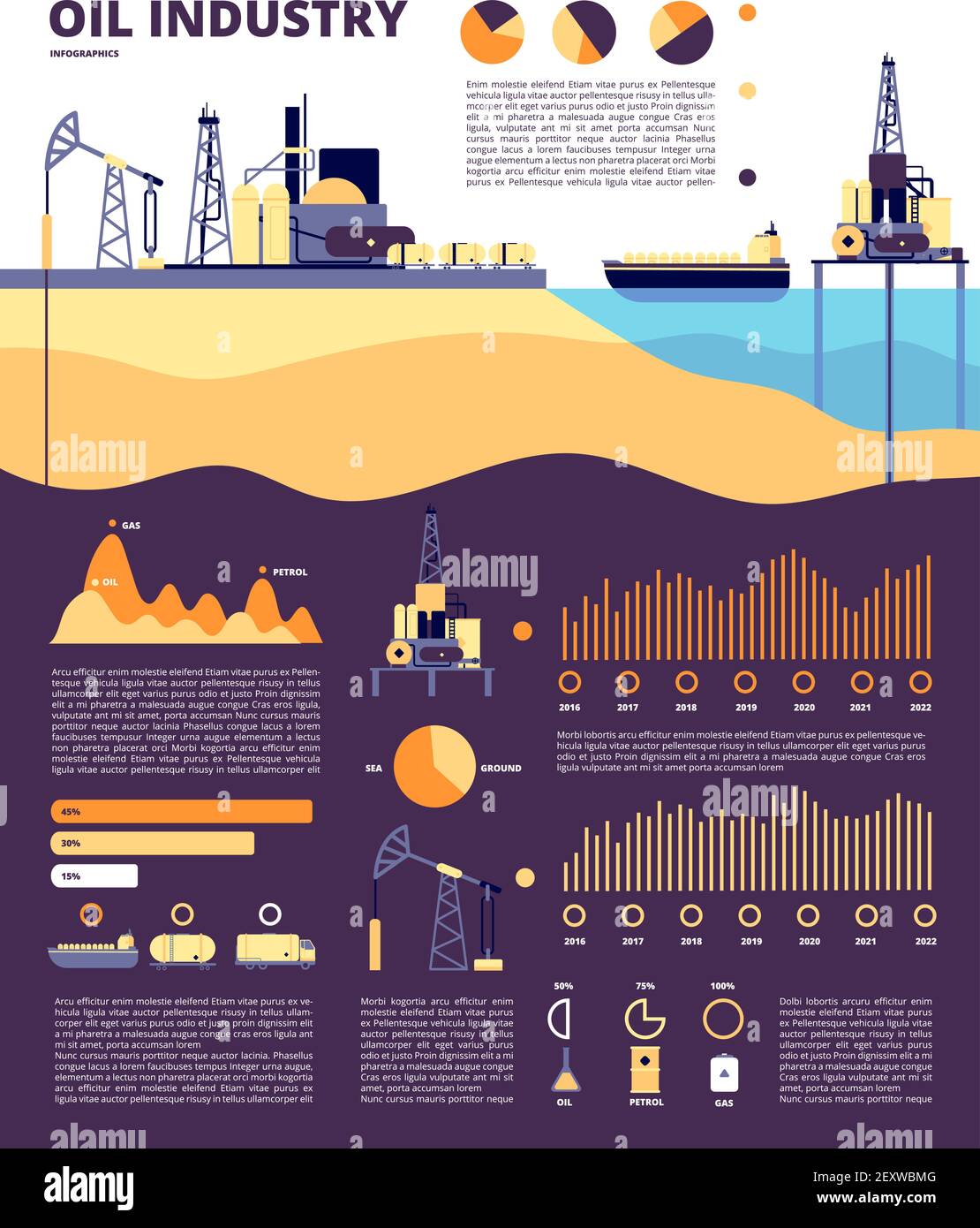 Oil industry. Gas infographics, flat technology production petrol. Ship fuel tanks, cargo platforms and drill factory vector illustration. Industry oil factory, barrel with fuel, drilling station Stock Vector