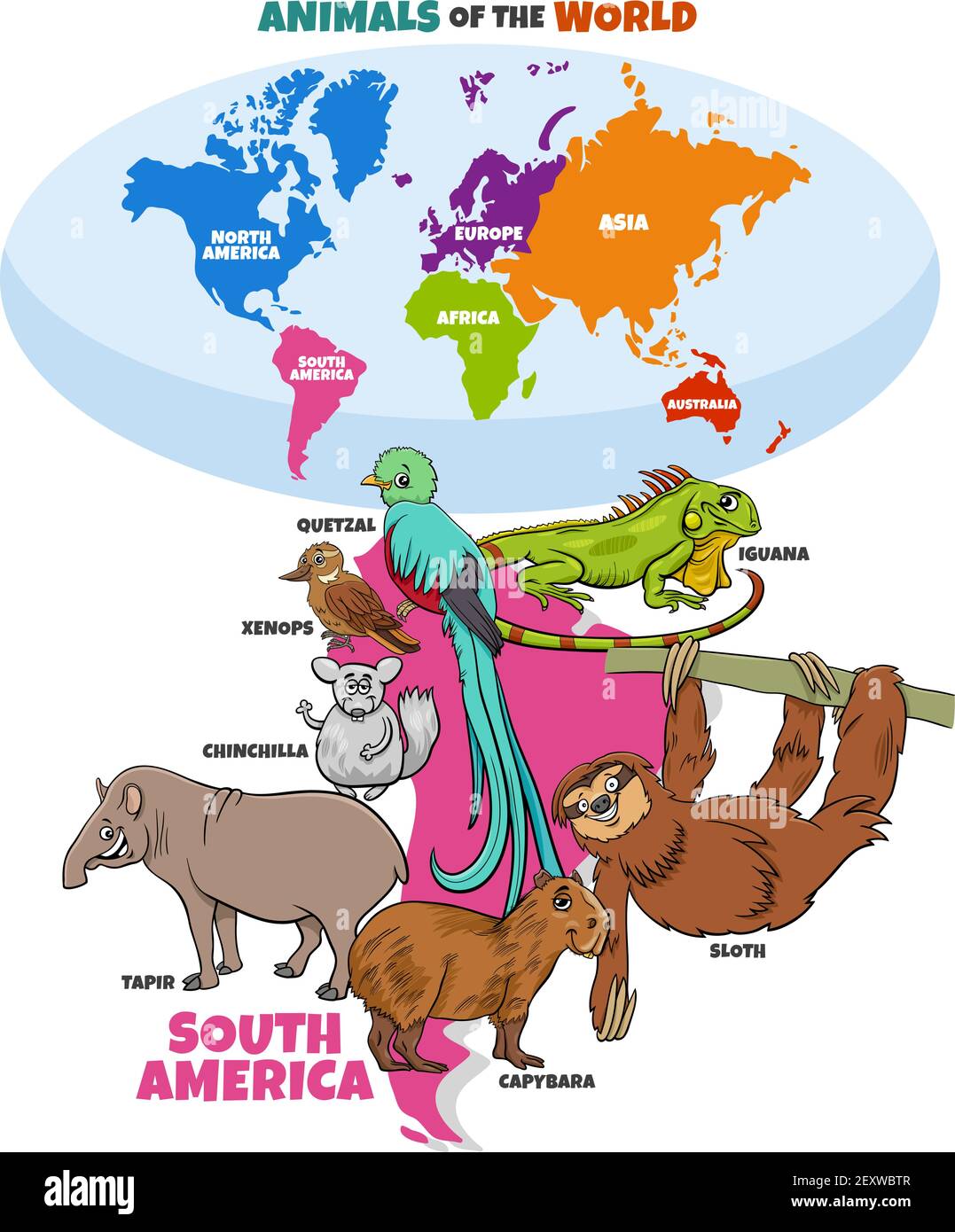 Educational cartoon illustration of South American animals and world map with continents Stock Vector
